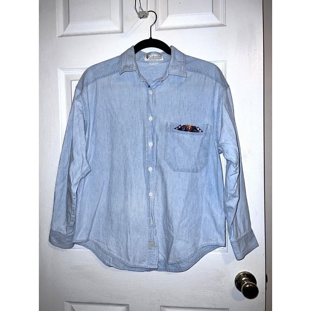 Vintage COLUMBIA Womens Chambray Long Sleeve Button Shirt Embroidered - Picture 1 of 7